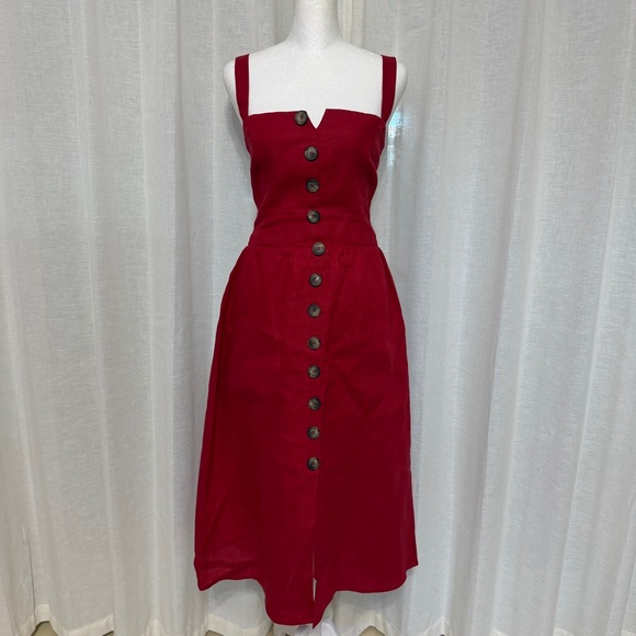 Reformation Norma Red 100% Linen Midi Dress Square Neck Women's Size 2